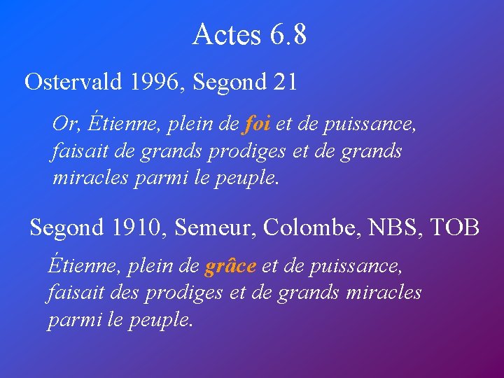 Actes 6. 8 Ostervald 1996, Segond 21 Or, Étienne, plein de foi et de