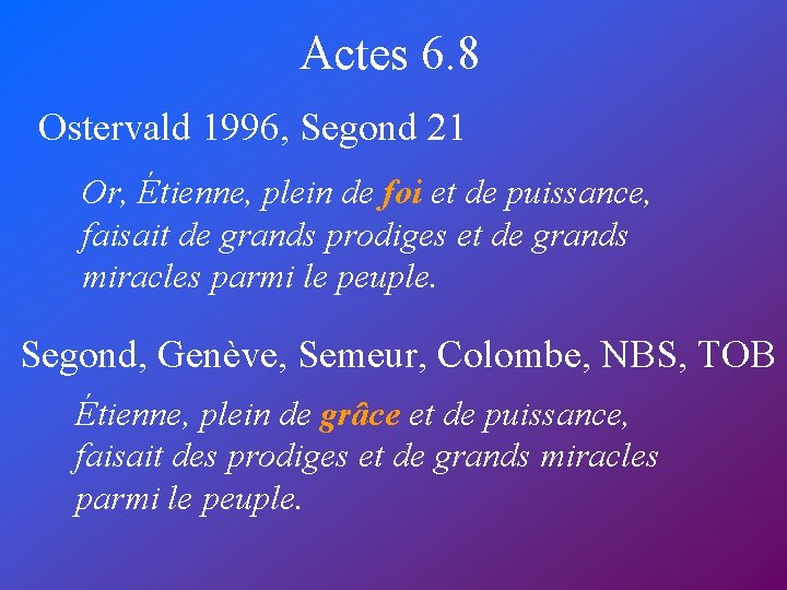 Actes 6. 8 Ostervald 1996, Segond 21 Or, Étienne, plein de foi et de