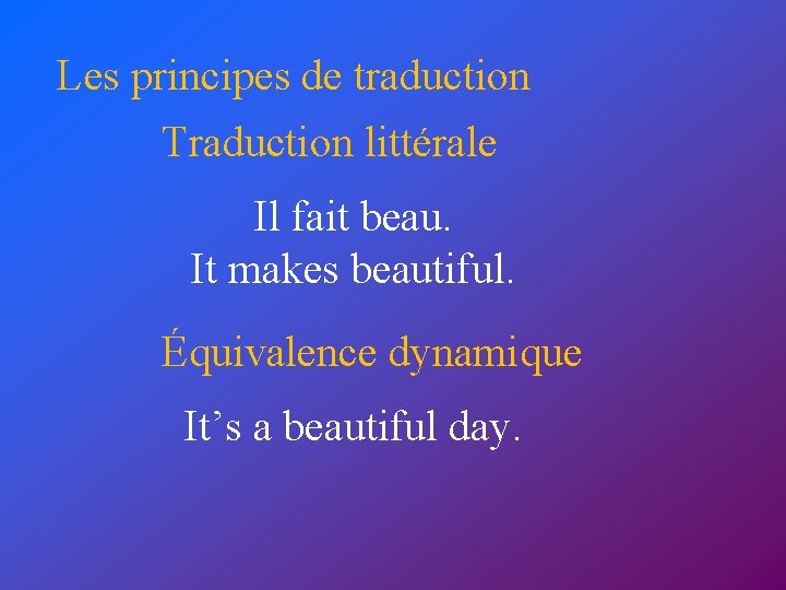 Les principes de traduction Traduction littérale Il fait beau. It makes beautiful. Équivalence dynamique