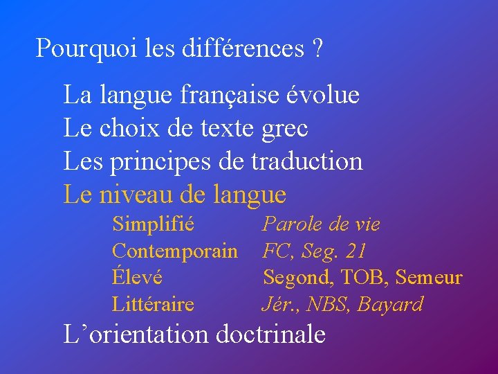 Pourquoi les différences ? La langue française évolue Le choix de texte grec Les