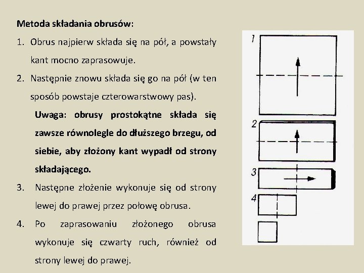 Metoda składania obrusów: 1. Obrus najpierw składa się na pół, a powstały kant mocno