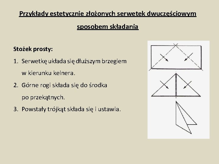 Przykłady estetycznie złożonych serwetek dwuczęściowym sposobem składania Stożek prosty: 1. Serwetkę układa się dłuższym