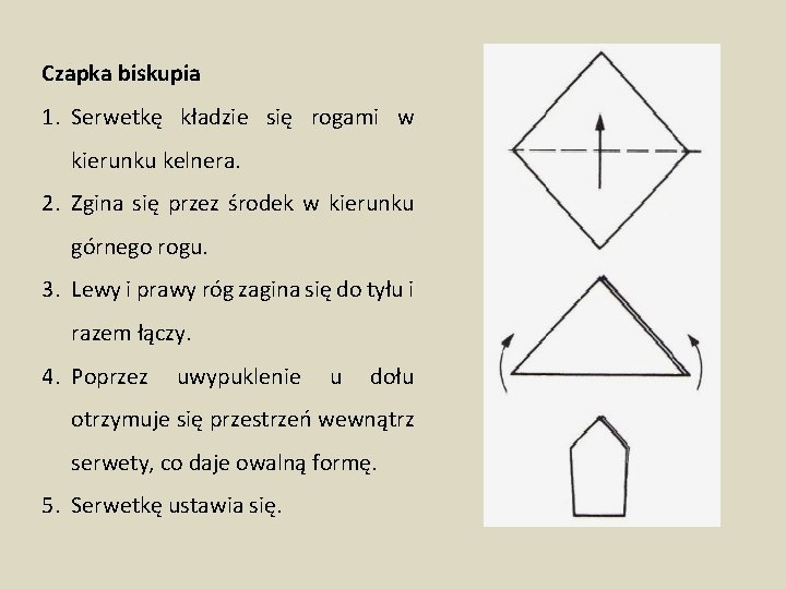 Czapka biskupia 1. Serwetkę kładzie się rogami w kierunku kelnera. 2. Zgina się przez