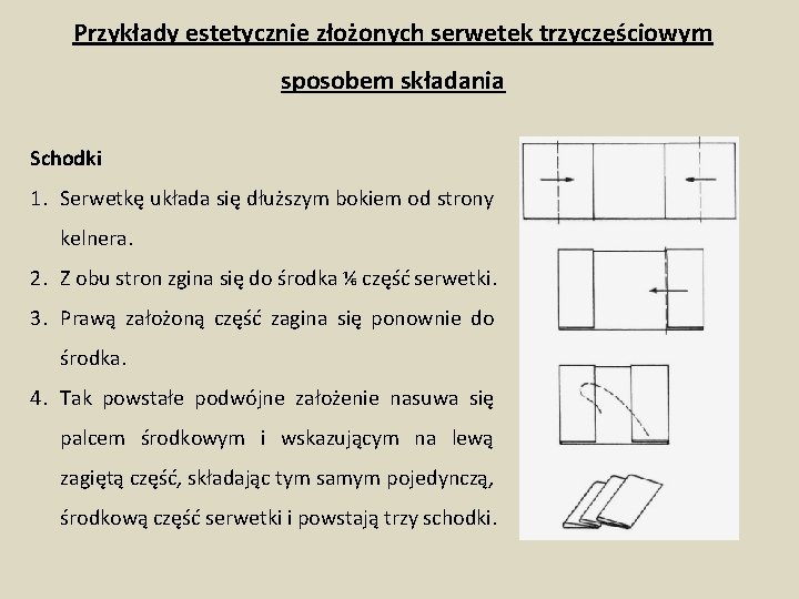 Przykłady estetycznie złożonych serwetek trzyczęściowym sposobem składania Schodki 1. Serwetkę układa się dłuższym bokiem