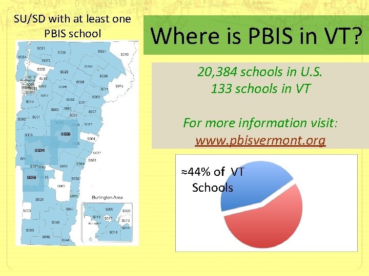 SU/SD with at least one PBIS school Where is PBIS in VT? 20, 384