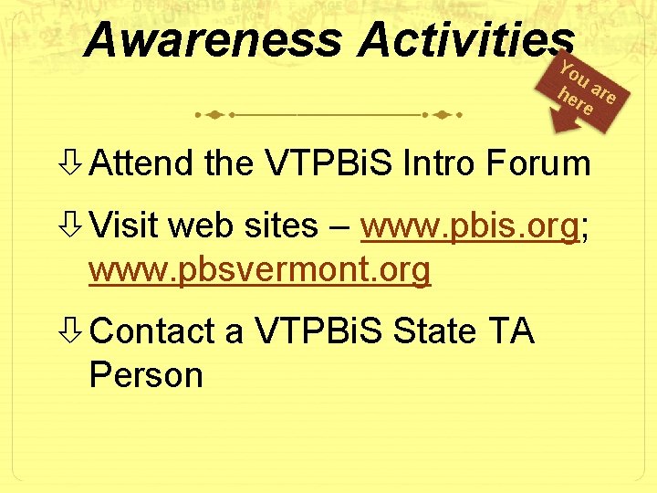 Awareness Activities Yo ua he re re Attend the VTPBi. S Intro Forum Visit