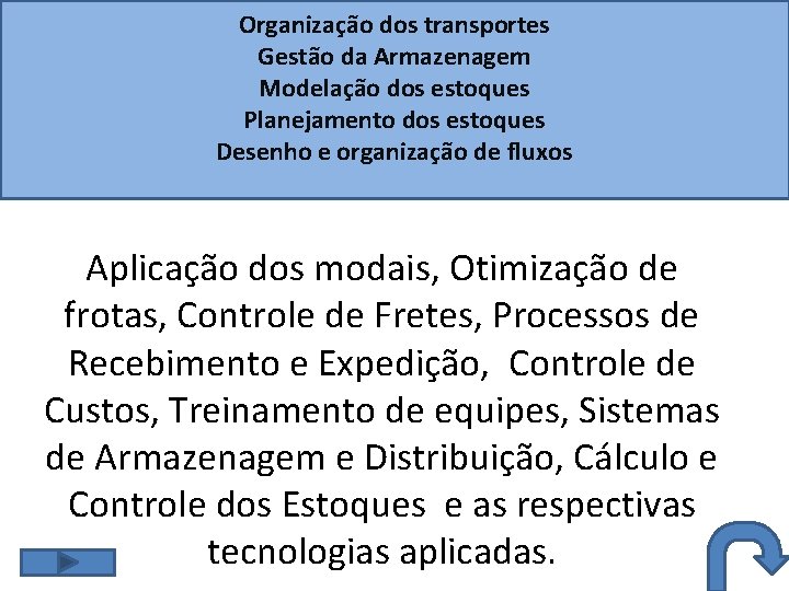 Organização dos transportes Gestão da Armazenagem Modelação dos estoques Planejamento dos estoques Desenho e