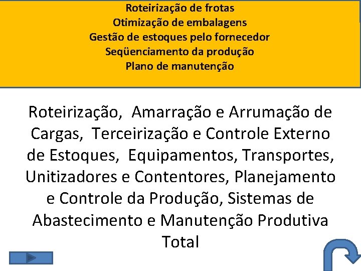 Roteirização de frotas Otimização de embalagens Gestão de estoques pelo fornecedor Seqüenciamento da produção