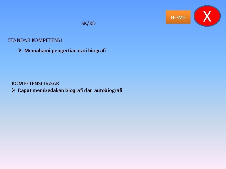 SK/KD STANDAR KOMPETENSI Ø Memahami pengertian dari biografi KOMPETENSI DASAR Ø Dapat membedakan biografi