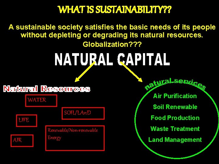 WHAT IS SUSTAINABILITY? ? A sustainable society satisfies the basic needs of its people