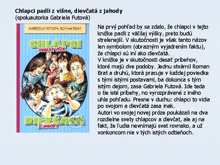 Chlapci padli z višne, dievčatá z jahody (spoluautorka Gabriela Futová) Na prvý pohľad by Chlapci padli z višne, dievčatá z jahody (spoluautorka Gabriela Futová) Na prvý pohľad by
