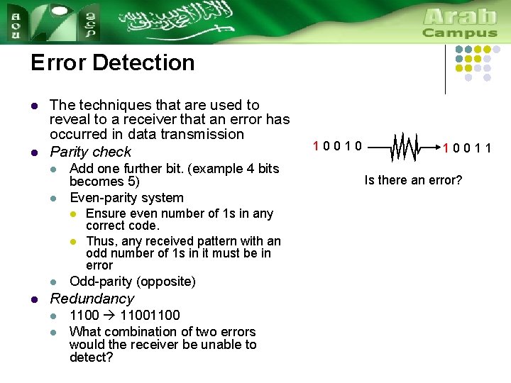 Error Detection l l The techniques that are used to reveal to a receiver