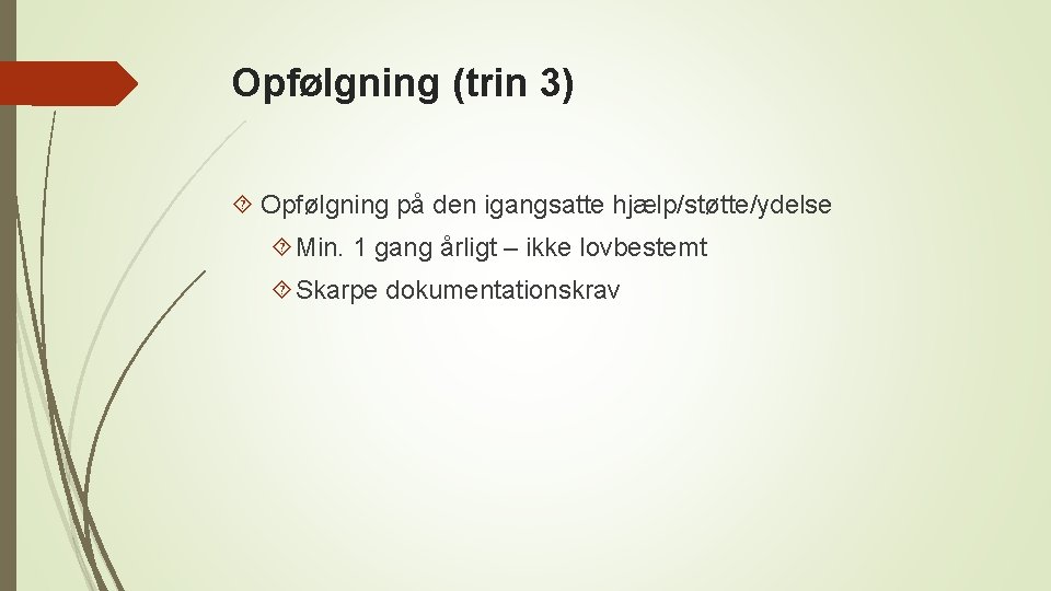 Opfølgning (trin 3) Opfølgning på den igangsatte hjælp/støtte/ydelse Min. 1 gang årligt – ikke