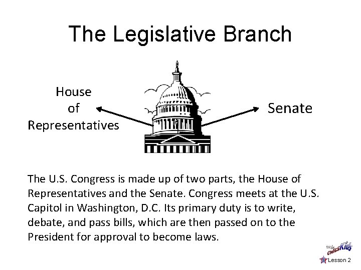 The Legislative Branch House of Representatives Senate The U. S. Congress is made up