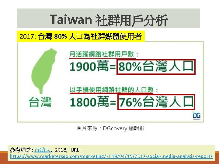 Taiwan 社群用戶分析 2017: 台灣 80% 人口為社群媒體使用者 參考網站: 行銷人, 2018, URL: https: //www. marketersgo. com/marketing/2018/04/15/2017