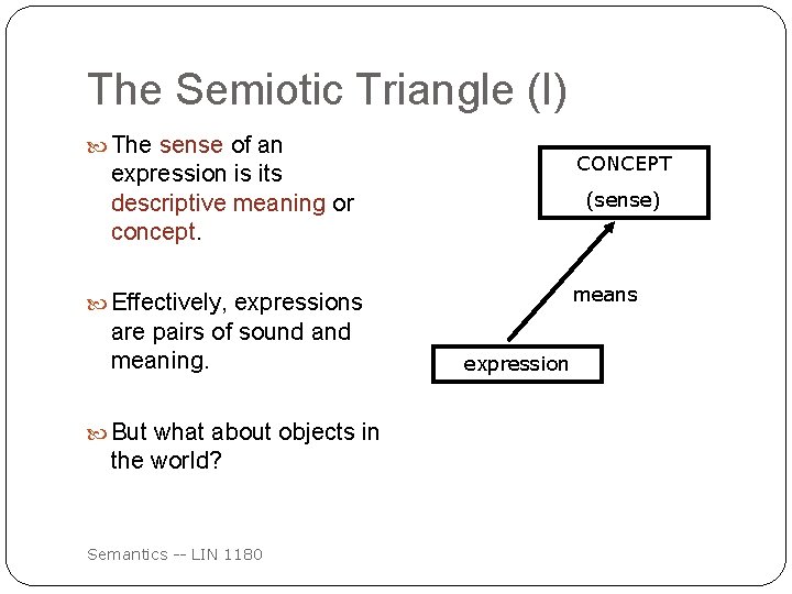 The Semiotic Triangle (I) The sense of an CONCEPT expression is its descriptive meaning