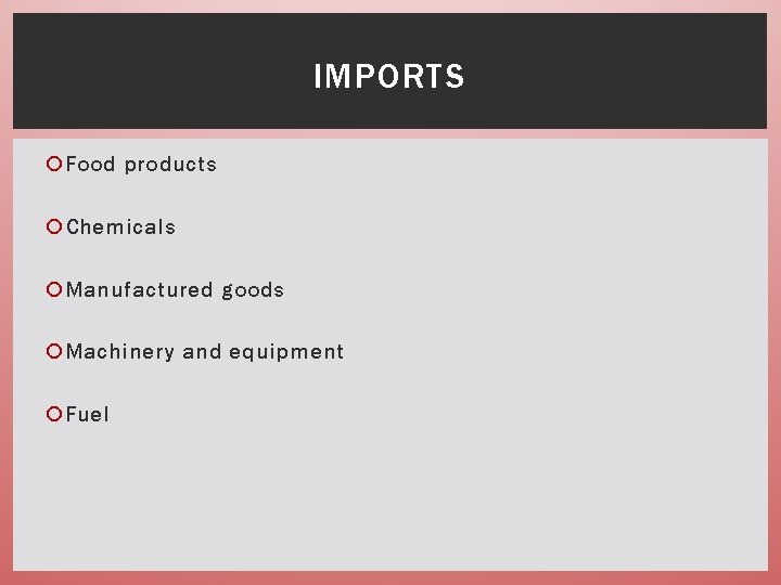 IMPORTS Food products Chemicals Manufactured goods Machinery and equipment Fuel 