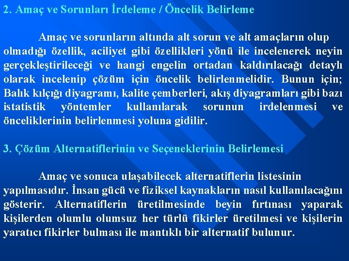 2. Amaç ve Sorunları İrdeleme / Öncelik Belirleme Amaç ve sorunların altında alt sorun