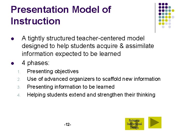 Presentation Model of Instruction A tightly structured teacher-centered model designed to help students acquire
