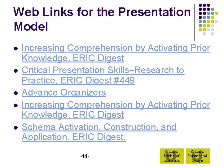 Web Links for the Presentation Model l l Increasing Comprehension by Activating Prior Knowledge.
