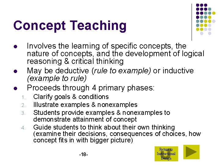 Concept Teaching Involves the learning of specific concepts, the nature of concepts, and the