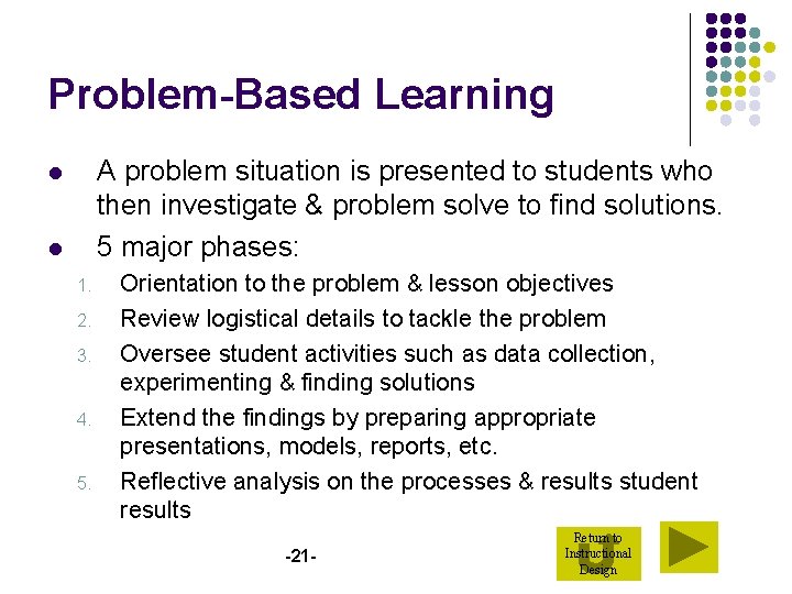 Problem-Based Learning A problem situation is presented to students who then investigate & problem