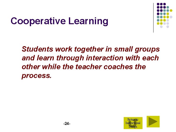 Cooperative Learning Students work together in small groups and learn through interaction with each