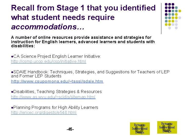 Recall from Stage 1 that you identified what student needs require accommodations… A number