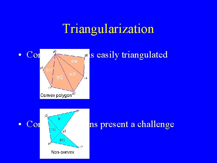 Triangularization • Convex polygons easily triangulated • Concave polygons present a challenge 