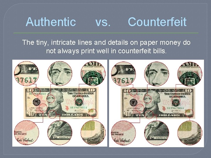 Authentic vs. Counterfeit The tiny, intricate lines and details on paper money do not