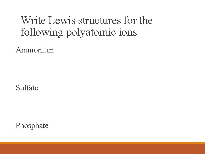 Write Lewis structures for the following polyatomic ions Ammonium Sulfate Phosphate 