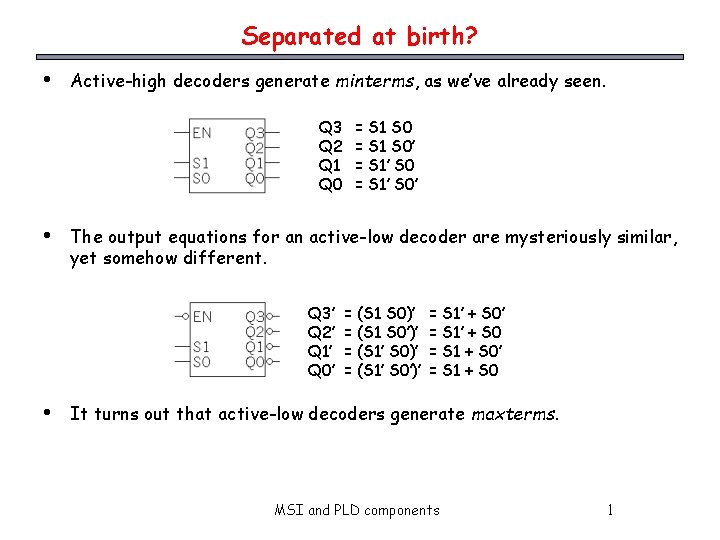 Separated at birth? • Active-high decoders generate minterms, as we’ve already seen. Q 3