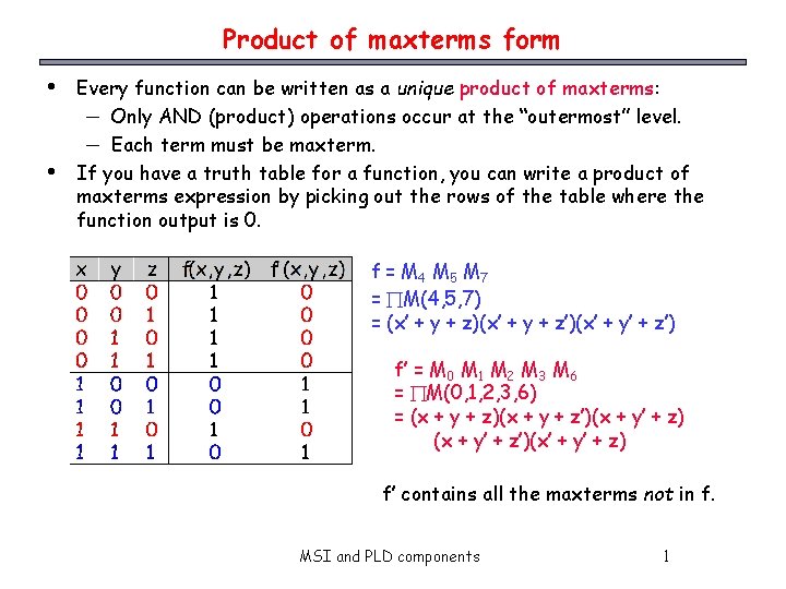 Product of maxterms form • • Every function can be written as a unique