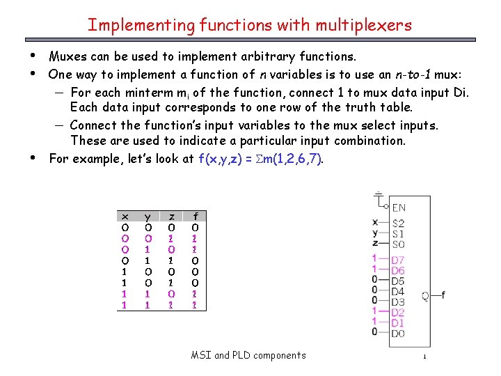 Implementing functions with multiplexers • • • Muxes can be used to implement arbitrary