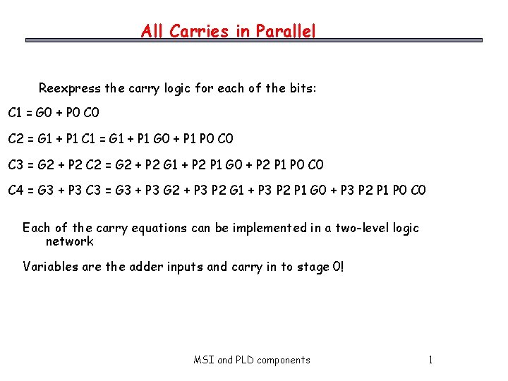 All Carries in Parallel Reexpress the carry logic for each of the bits: C