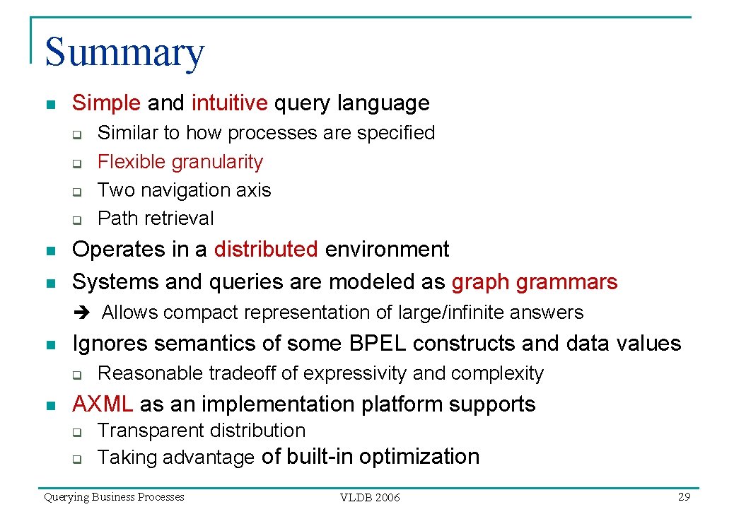 Summary n Simple and intuitive query language q q n n Similar to how