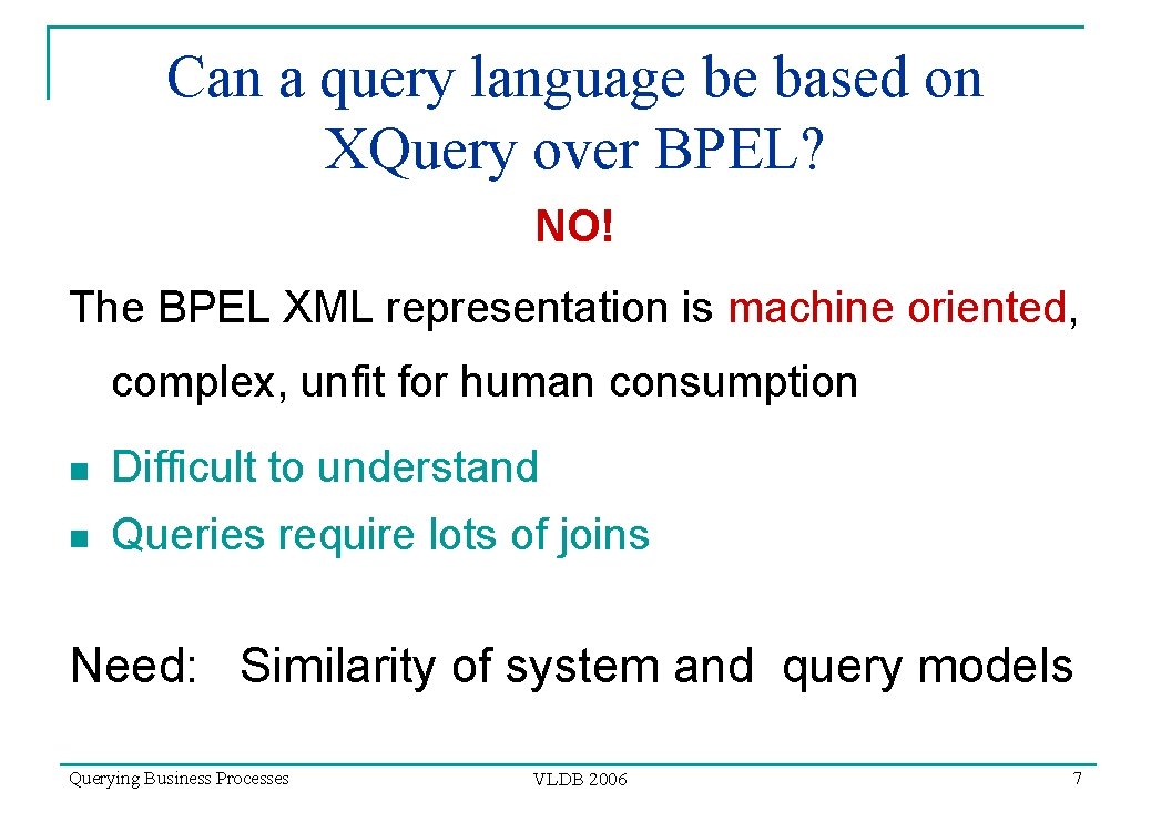 Can a query language be based on XQuery over BPEL? NO! The BPEL XML