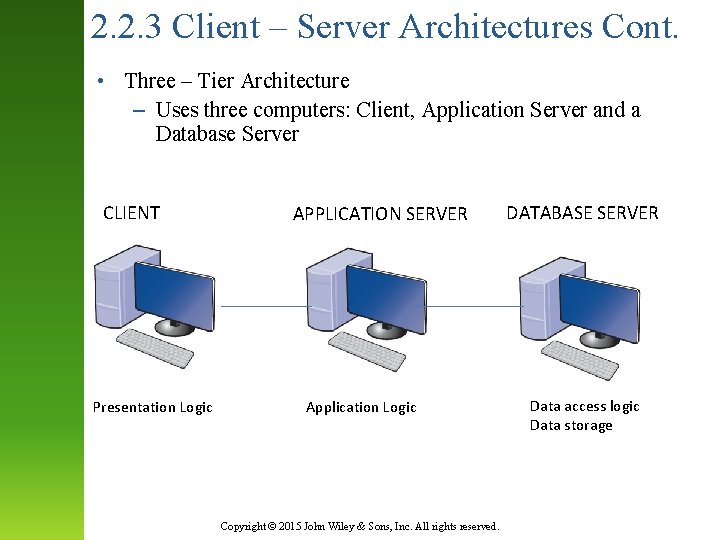 2. 2. 3 Client – Server Architectures Cont. • Three – Tier Architecture –