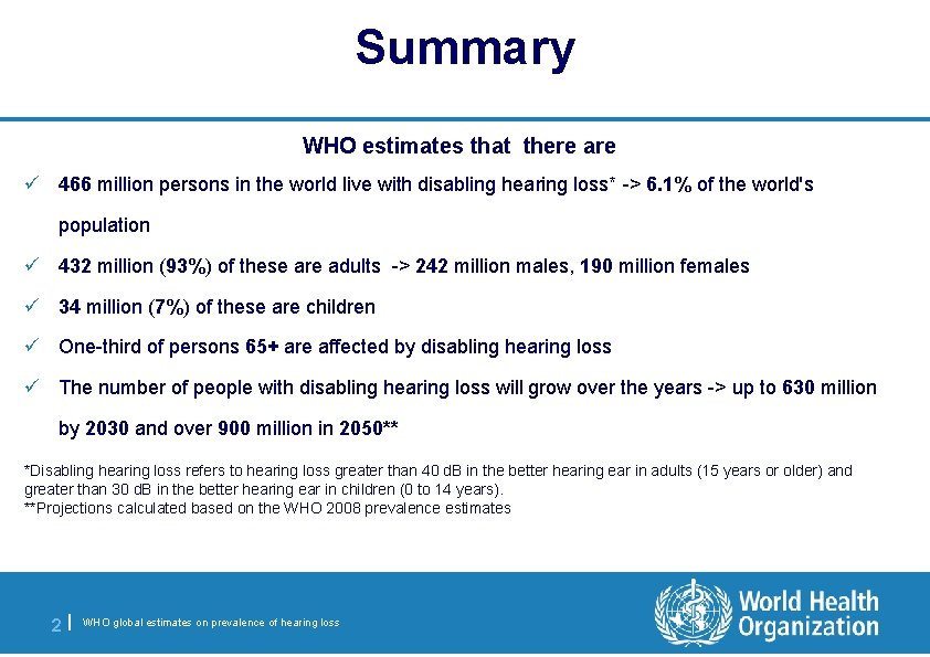 Summary WHO estimates that there are ü 466 million persons in the world live