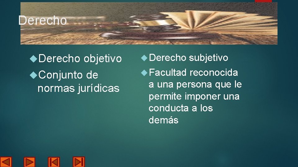Derecho objetivo Conjunto de normas jurídicas Derecho Facultad subjetivo reconocida a una persona que