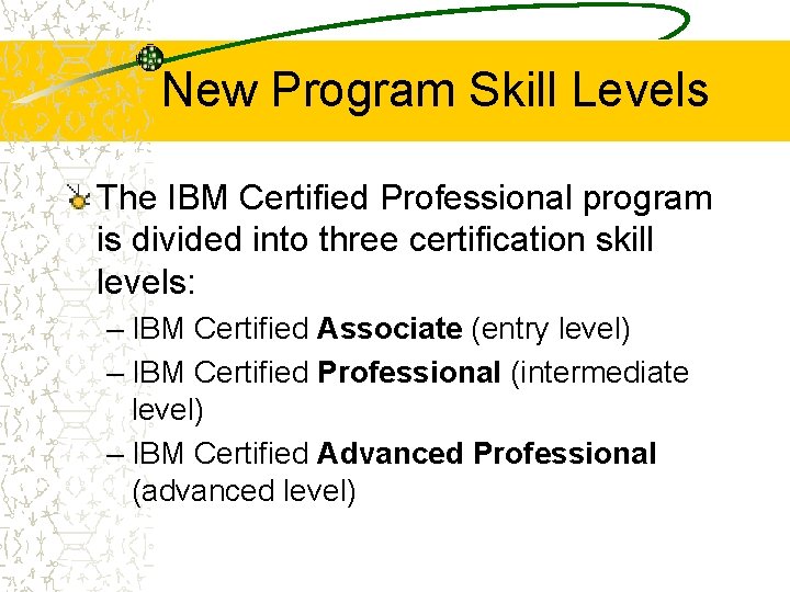 New Program Skill Levels The IBM Certified Professional program is divided into three certification