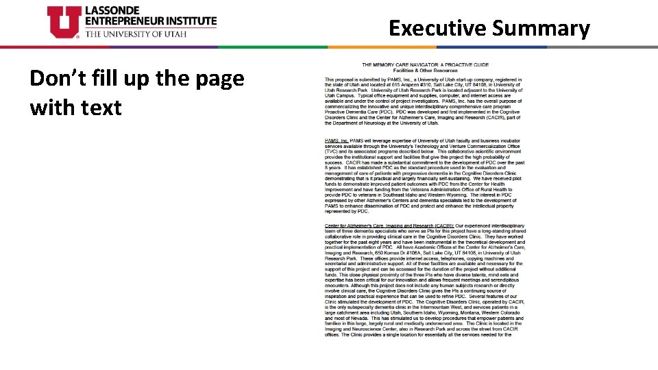 Executive Summary Don’t fill up the page with text 