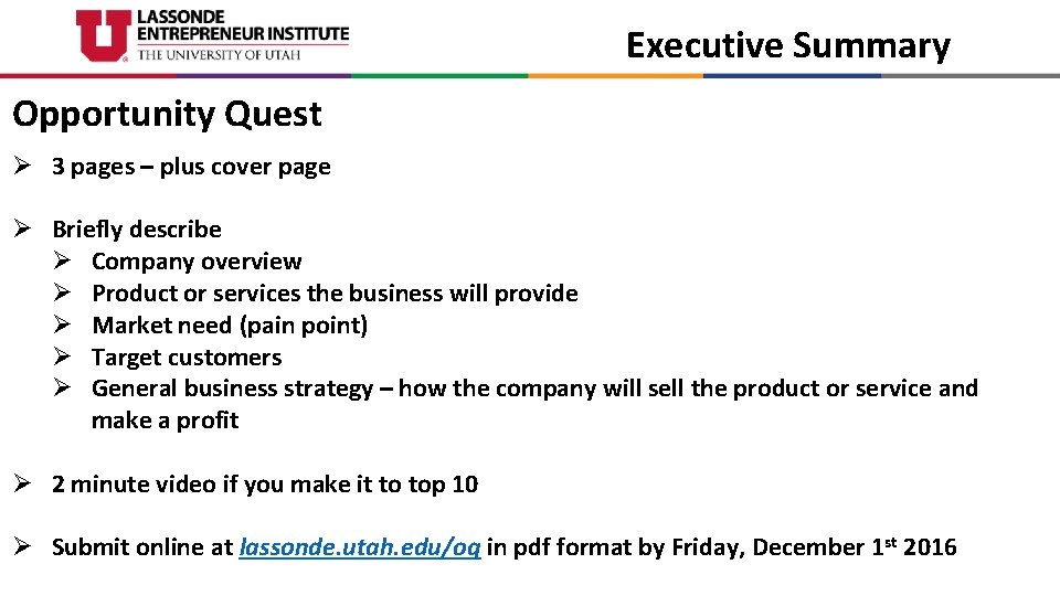 Executive Summary Opportunity Quest Ø 3 pages – plus cover page Ø Briefly describe