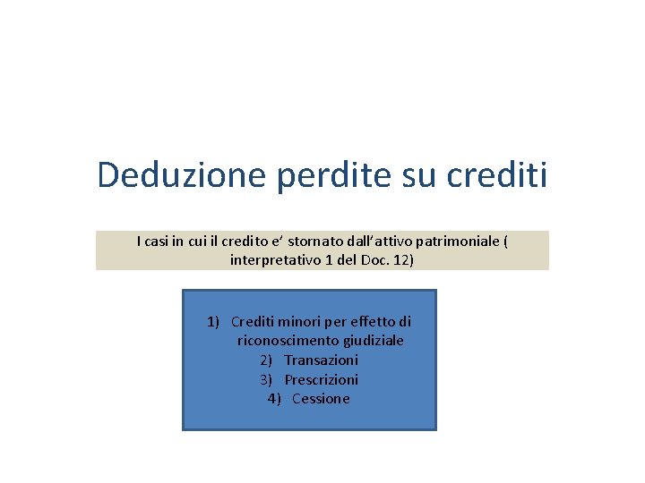 Deduzione perdite su crediti I casi in cui il credito e’ stornato dall’attivo patrimoniale Deduzione perdite su crediti I casi in cui il credito e’ stornato dall’attivo patrimoniale