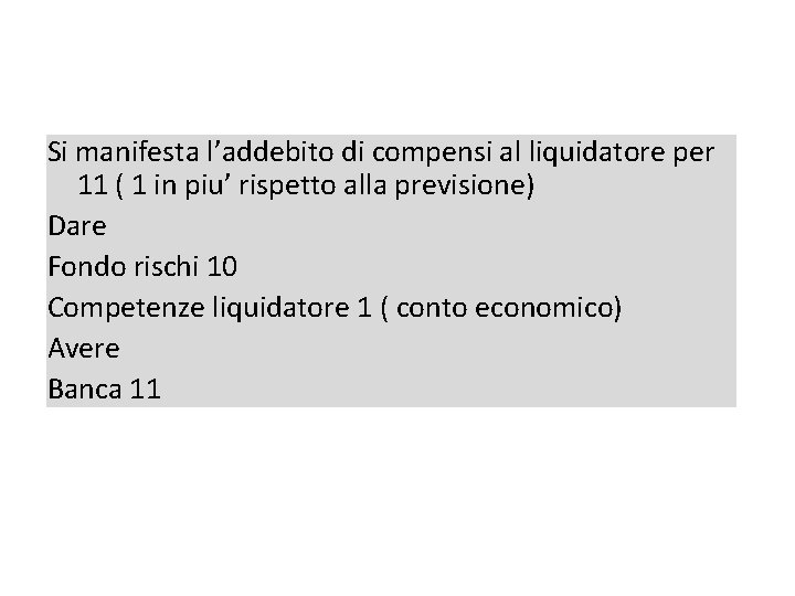 Si manifesta l’addebito di compensi al liquidatore per 11 ( 1 in piu’ rispetto Si manifesta l’addebito di compensi al liquidatore per 11 ( 1 in piu’ rispetto