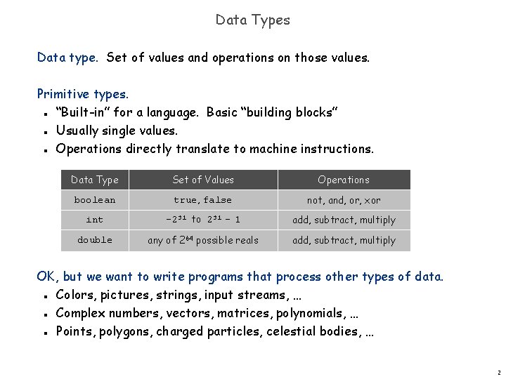 Data Types Data type. Set of values and operations on those values. Primitive types. Data Types Data type. Set of values and operations on those values. Primitive types.