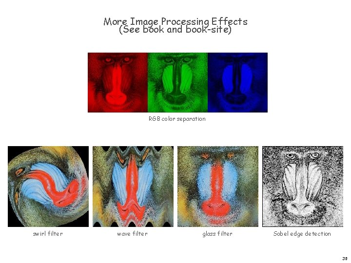 More Image Processing Effects (See book and book-site) RGB color separation swirl filter wave More Image Processing Effects (See book and book-site) RGB color separation swirl filter wave