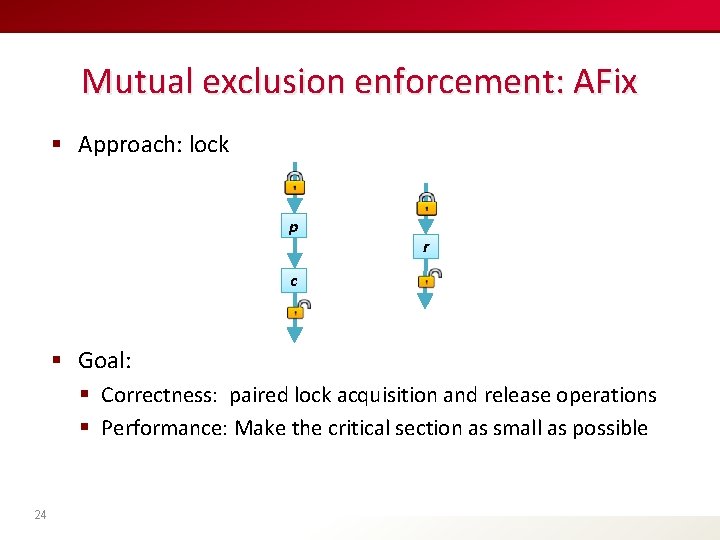 Mutual exclusion enforcement: AFix § Approach: lock p r c § Goal: § Correctness: