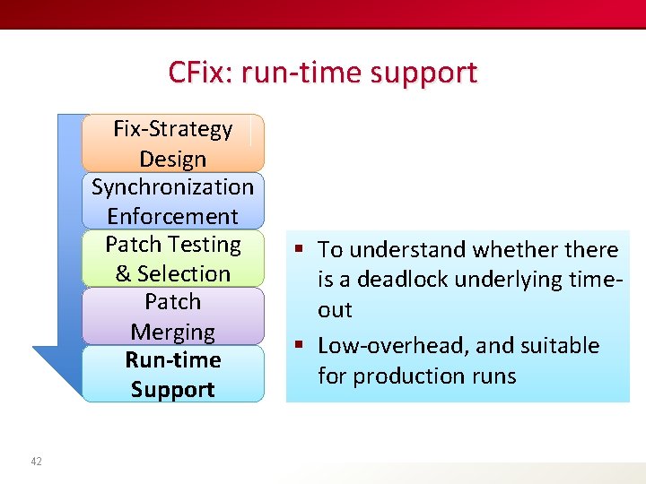 CFix: run-time support Fix-Strategy Design Synchronization Enforcement Patch Testing & Selection Patch Merging Run-time