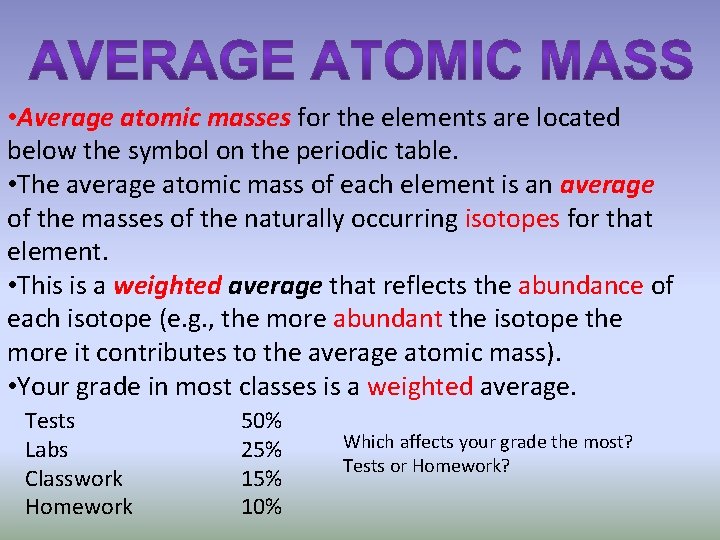  • Average atomic masses for the elements are located below the symbol on